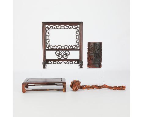 Group of four wooden Chinese scholar's objects including a small table screen, a carved brush pot, a small jichimu "chicken-w