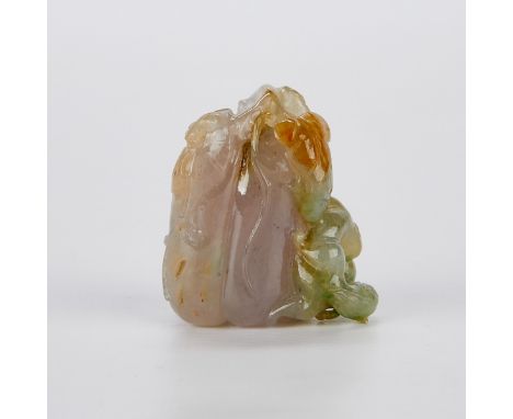 Small Chinese jade intricate carving of a melon. The stone is a pale celadon, lavender purple, and spinach green color with r