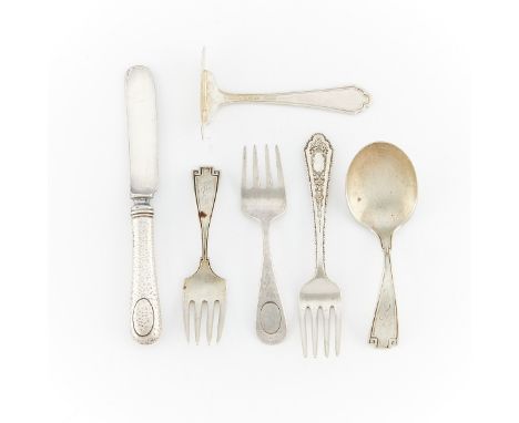 Group of six sterling silver children's flatware including one knife, three forks, one spoon, and one food pusher. Including 