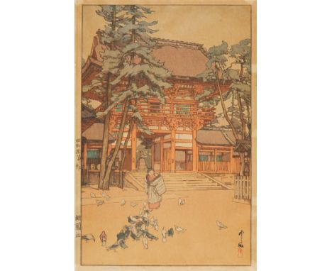 Hiroshi Yoshida (Japanese, 1876-1950). Japanese shin-hanga woodblock print titled "Gion yashiro (Gion Shrine Gate)" depicting
