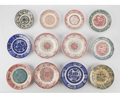 Group of 12 transferware rice plates including the following makers and patterns: ten J. &amp; M.P. Bell Co., Ltd. (Bells, Pl