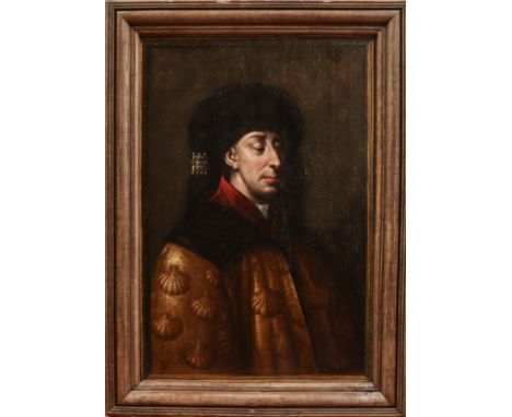 Portrait du buste de Philippe le Bon (1396-1467), en manteau brodé d'or et chapeau noir orné de perles Huile sur toile marouf