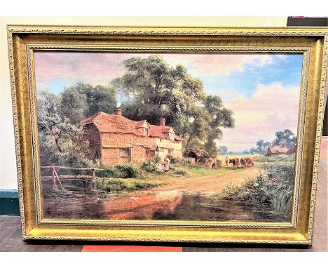 A large Coloured print. Or possible Oil on board.After R Gallon. A rural scene with figures by cottages.