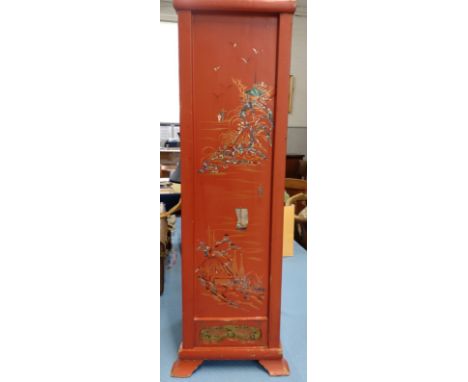 An Oriental wooden cinnabar lacquer stick stand with mother-o-pearl inlay decoration 66cm high, 19cm square, baseline 22cm sq