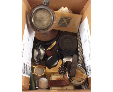 A treen watch stand, watches, compass etc