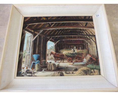 John Constable-Reeve, oil of a barn scene with hay wagon and a Beccles print