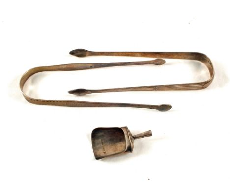 A pair of Peter and Ann Bateman sugar tongs plus one other and a Victorian caddy spoon