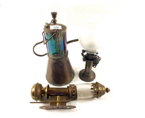 A ships Brass pressure lamp and two oil lamps (one with gymbal)