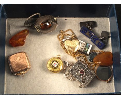 A 9ct Gold locket, Scottish Silver brooch, Silver cufflinks, Gold square locket and other Silver jewellery