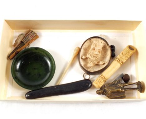 Carved bone whistle, Brass pipe tamper, Spinach Jade bowl etc