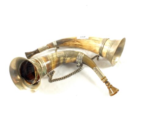 Two hunting horns with Silver plated mounts