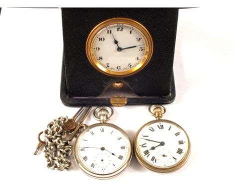 A travelling pocket watch, two others and a watch chain and keys