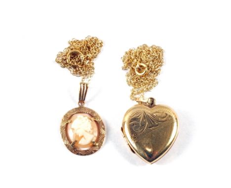 A 9ct Gold cameo pendant and chain and a 9ct Gold heart locket and chain (inscription to locket)
