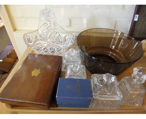 A cut glass basket, four cut glass trinket boxes, plated knife and fork set etc
