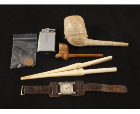 A Victorian Crystal Palace commemorative clay pipe, Ivory glove stretchers and other items