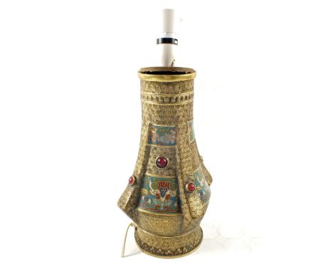 A Chinese Brass cloisonné table lamp with red stone bosses, height 12"