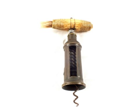 A 19th Century Brass four pillar corkscrew with bone handle and brush