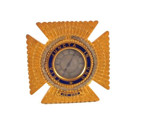 An Ormolu desk clock with blue enamel inscription "Tria Juncta in Uno Ich Dien" by William P. Arnold, London and Ryde