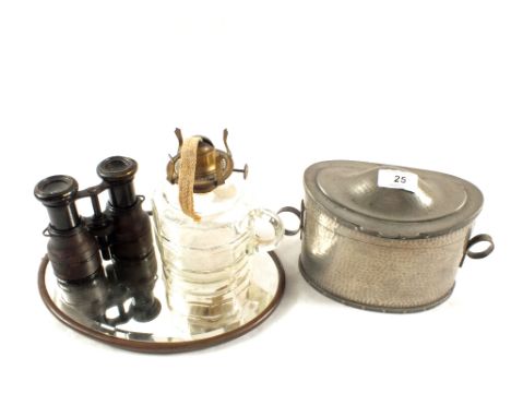 A Pewter biscuit barrel, binoculars, oil lamp and a mirror