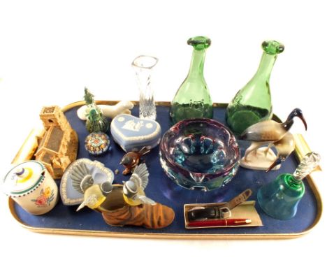 A tray of various glass and china including two paperweights, Tissot watch, Parker fountain pen with 14ct Gold nib, Wedgwood 