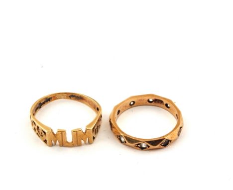 A 9ct Gold ring marked "Mum", size L and a 9ct Gold multiple Cubic Zirconia set ring, size K