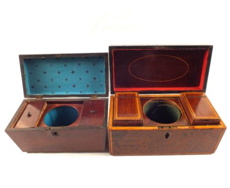 A 19th Century Burr Walnut tea caddy and Mahogany Sarcophagus caddy