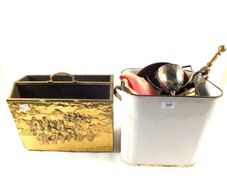 An enamel bread bin, Silver plated cutlery etc and a Brass magazine rack
