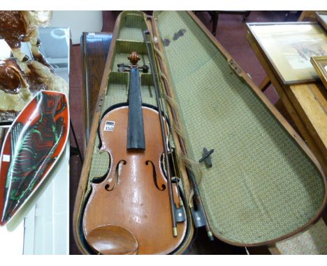 Vintage mahogany violin case with student violin and 2 bows