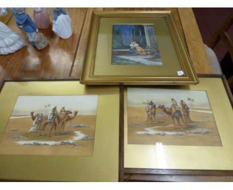 Pair of early framed water colours - a desert scene by Royal Doulton artist Fred K. Hancock and 1 other water colour by B. Bu