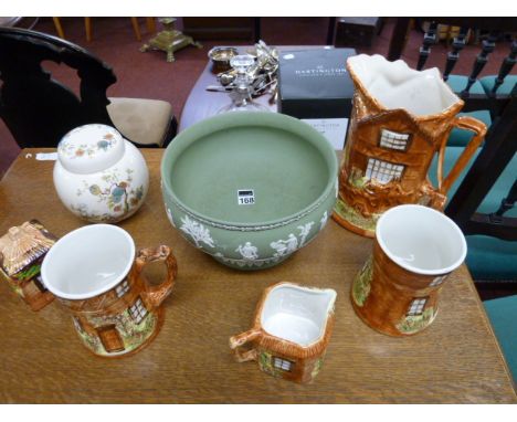 Wedgwood green Jasper ware fruit bowl, Masons ginger jar, 5 items of P and K Cottage ware