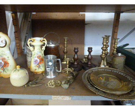 Brass candlesticks and plaques, pottery mantel clock, vintage biscuit barrel and tankard, etc