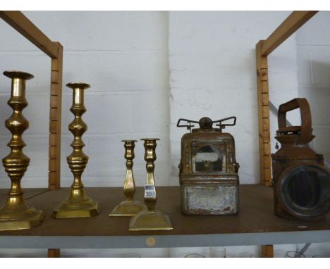 2 prs brass candlesticks, vintage adlake railway lamp & 1 other BR lamp