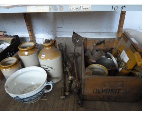 Vintage guillotine, copper teapot, brass fire irons, stone ware & decorated chamber pot, etc