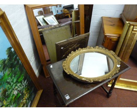 2 framed wall mirrors, oak occasional table and brass fire screen