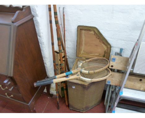 Vintage split cane fishing rod, Velbon tripod , 2 tennis racquets & wicker storage box