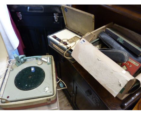 Vintage portable radio, Phillips autosonic record player, camera tripods & accessories