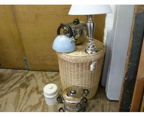 Laundry basket, saucepans, kettle & table lamp, etc. 