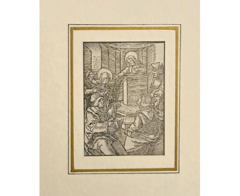 Framed pictures including: Hans schaufelein woodcut from Das Plenarium (1514), 1550 woodcut of Rhinfelden, opera/theatre port