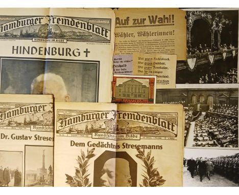 Press photographs: von Hindenburg in the Reichstag 1925, Friedrich Ebert inspecting the troops 1922, Reichstag June 1923 memo