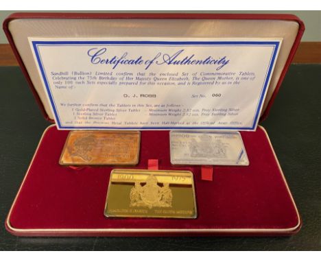 A limited edition set of commemorative tablets celebrating the 75th birthday of HM Queen Elizabeth, The Queen Mother, by Sand