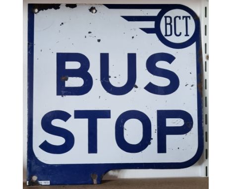 Bus Stop BCT, Bradford Corporation Transport, a double sided vitreous enamel sign, dated 1972, 32 x 31cm