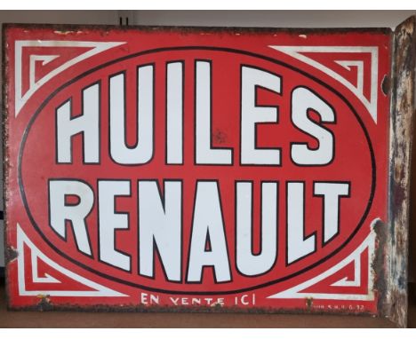 Huiles Renault en vente ici, a vitreous enamel double sided wall mounted adverting sign, 54 x 40cm. 