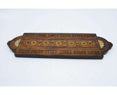 Late 19th century Italian olive wood and marquetry cribbage board. Generally in good condition with some signs of wear. 38x11