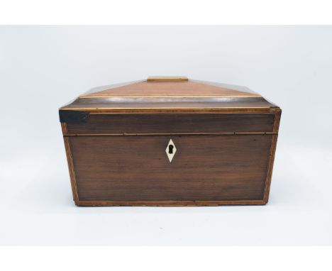 Rosewood tea caddy with boxwood stringing inlay complete with original caddies and an associated mixing bowl with a bone escu
