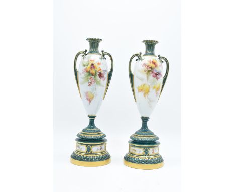 Royal Worcester pair of twin-handled floral vases 1957 (unsigned) (27cm tall) One has been restored around the waist which ha