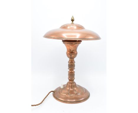 Arts and Crafts copper lamp base converted to electric. Untested. Base is in good condition with some surface wear. 34cm tall