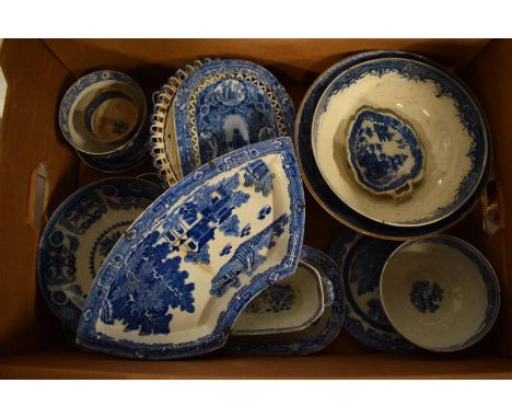 A good collection of blue and white pottery including Spode, Wedgwood etc (mostly damaged) Mostly damaged. No postage availab