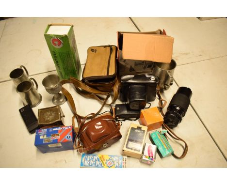 A mixed collection of items to include camera equipment, tankards, novelty cigarette dispenser etcCondition is mixed. No cond