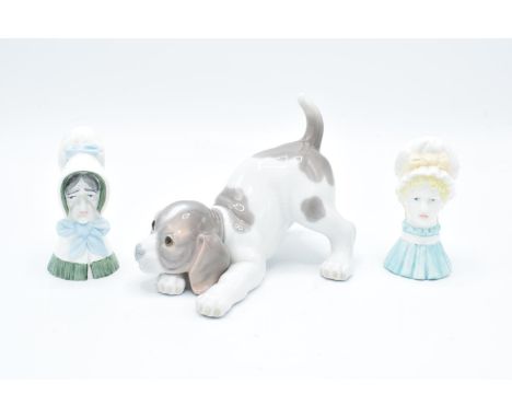 Royal Worcester candle snuffers Mob Cap and Old Woman together with Lladro beagle dog (3) All in good condition without any o