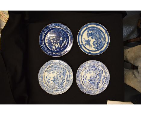 A collection of 19th century blue and white plates to include Spode Gothic Castle x 2 and 2 unmarked examples. All stained as